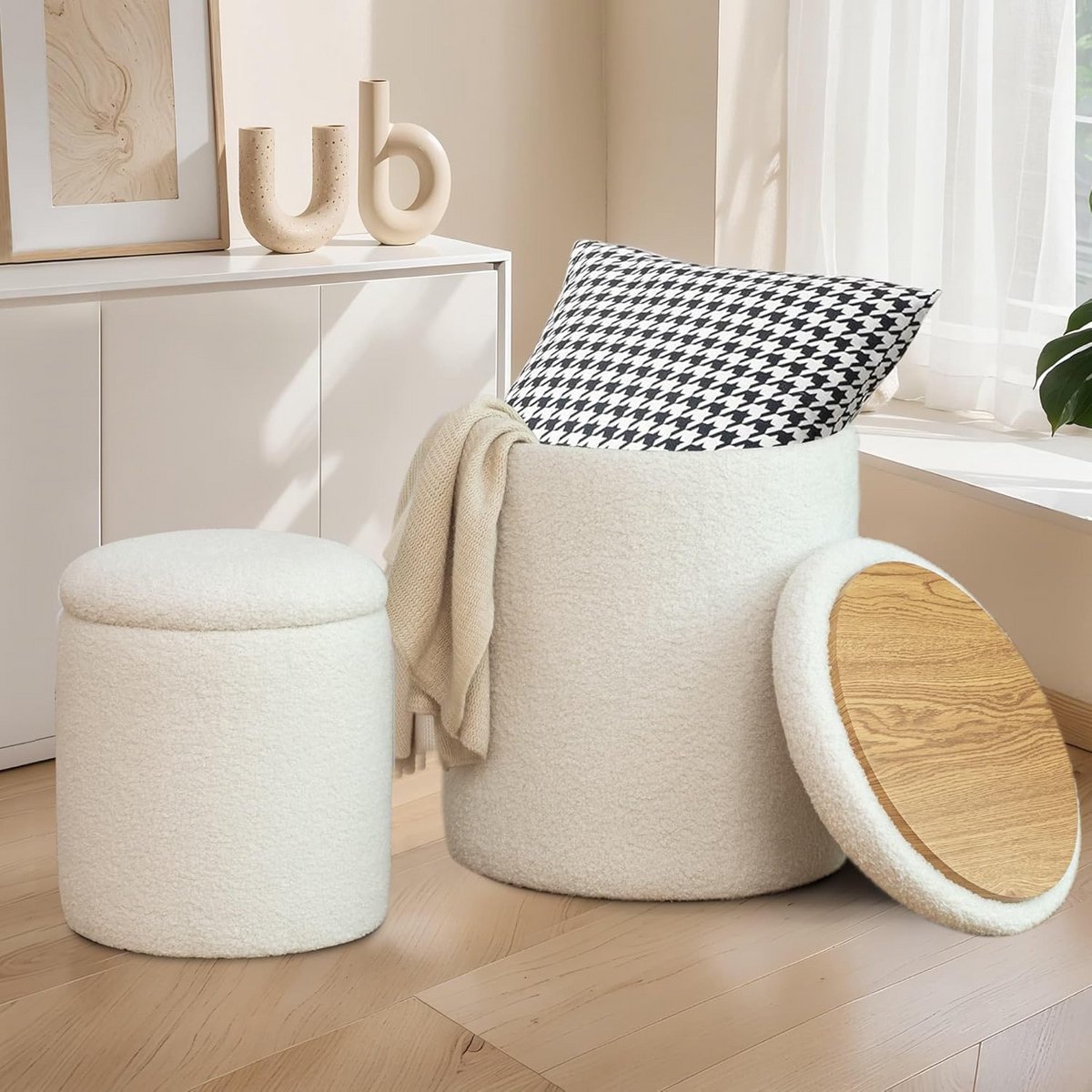 Set van 2 Ronde Poef met Opbergruimte - Beige Sherpa Ottoman als Voetenbank of Schminkstoel