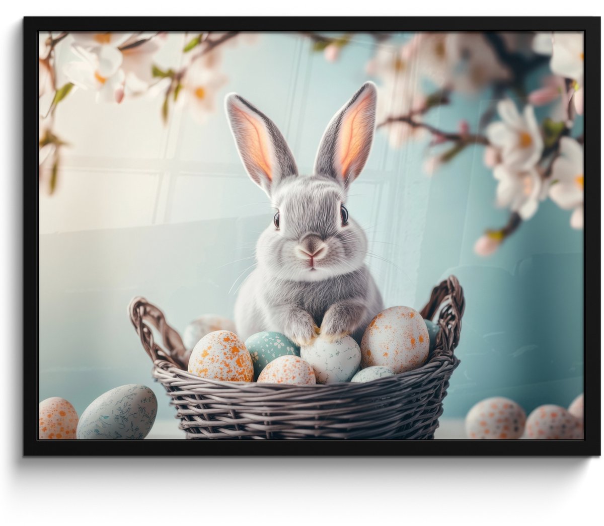 FrameYourWall Poster in lijst - Fotolijst 70x50 cm - Posters - Konijn - Eieren - Mand - Posterlijst zwart - Decoratie - Wanddecoratie woonkamer - Muurdecoratie slaapkamer Konijn - Mandje