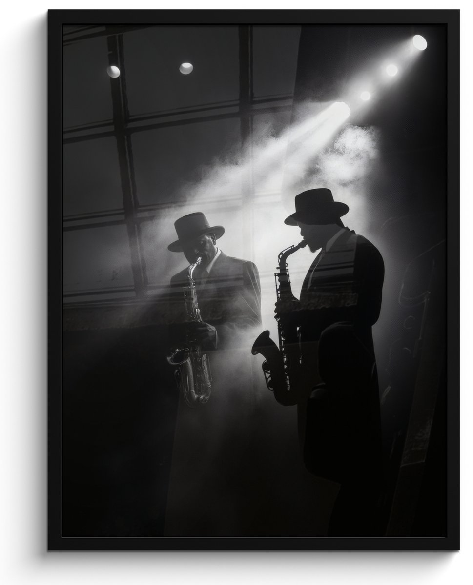 FrameYourWall Poster in lijst - Fotolijst 50x70 cm - Posters - Saxofonisten - Hoeden - Rook - Licht - Posterlijst zwart - Decoratie - Wanddecoratie woonkamer - Muurdecoratie slaapkamer