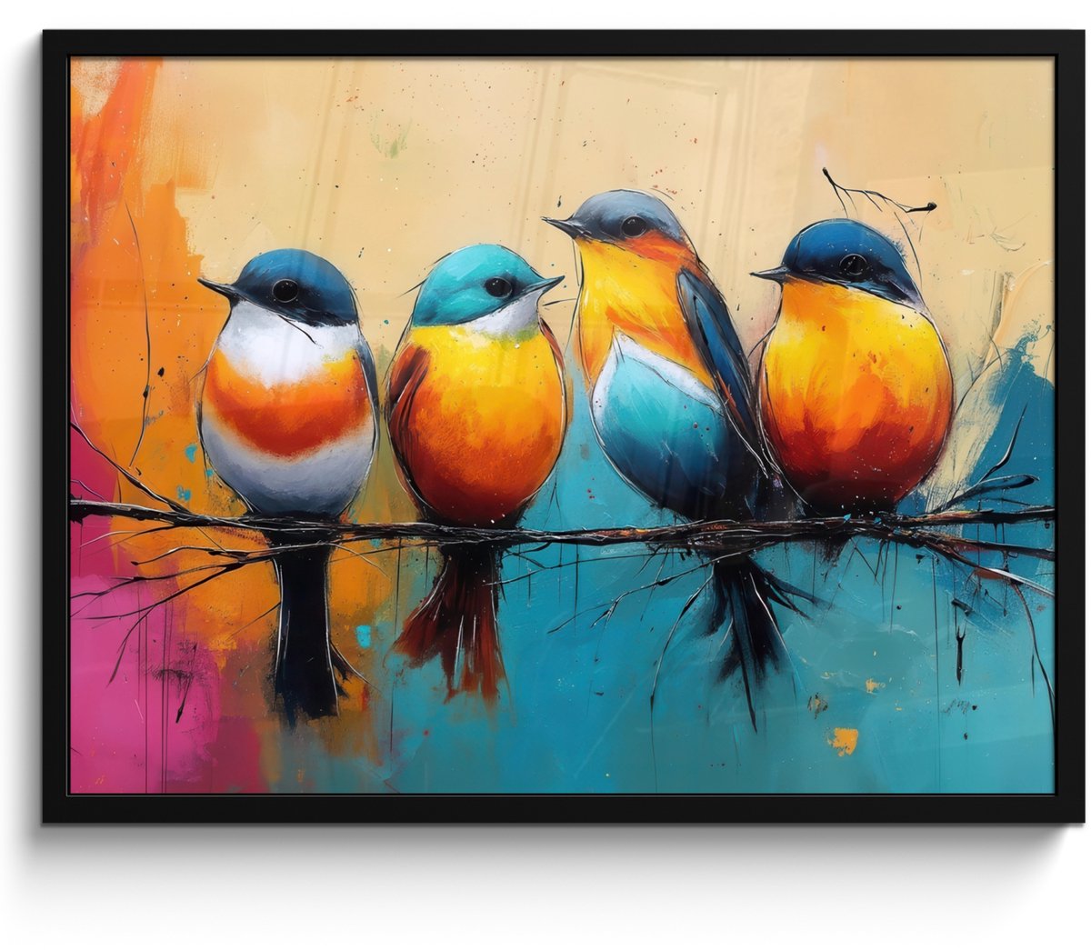 FrameYourWall Poster in lijst - Fotolijst 70x50 cm - Posters - Vogels - Kleurrijk - Tak - Abstract - Posterlijst zwart - Decoratie - Wanddecoratie woonkamer - Muurdecoratie slaapkamer