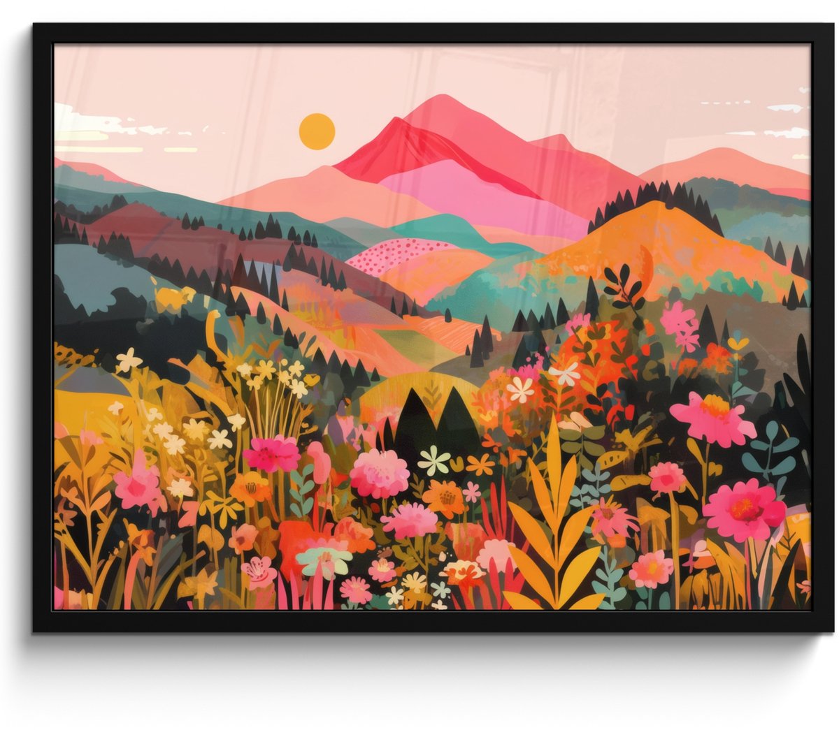 FrameYourWall Poster in lijst - Fotolijst 70x50 cm - Posters - Zonsondergang - Bergvallei - Contrast - Posterlijst zwart - Decoratie - Wanddecoratie woonkamer - Muurdecoratie slaapkamer Bergen - Bloemen - Zonsondergang