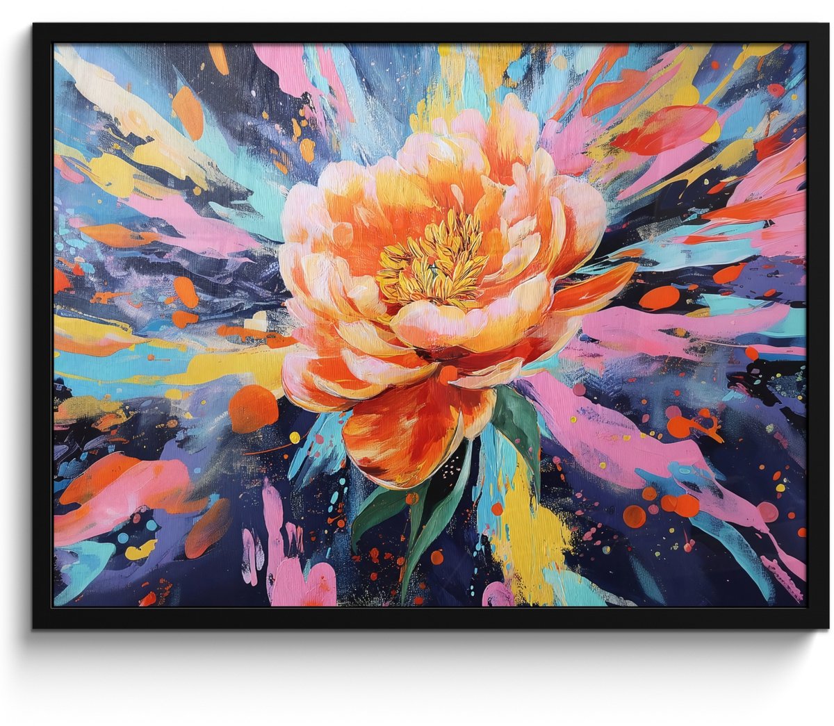 FrameYourWall Poster in lijst - Fotolijst 70x50 cm - Posters - Bloemexplosie - Felle spatten - Dynamisch - Posterlijst zwart - Decoratie - Wanddecoratie woonkamer - Muurdecoratie slaapkamer Bloemenexplosie - Dynamisch