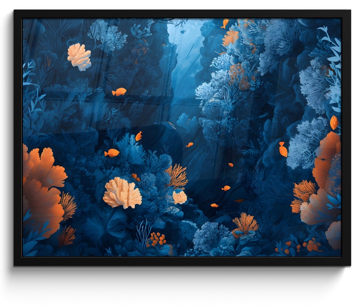 FrameYourWall Poster in lijst - Fotolijst 70x50 cm - Posters - Koraalrif - Vissen - Oceaan - Blauw - Posterlijst zwart - Decoratie - Wanddecoratie woonkamer - Muurdecoratie slaapkamer Vrouw - Water