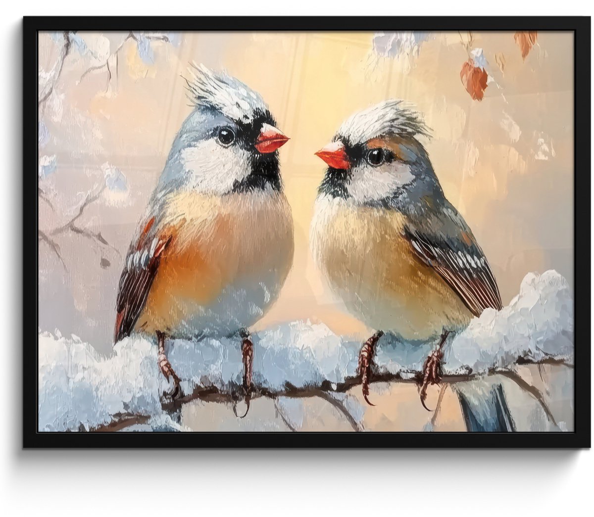 FrameYourWall Poster in lijst - Fotolijst 70x50 cm - Posters - Vogels - Tak - Winter - Sneeuw - Posterlijst zwart - Decoratie - Wanddecoratie woonkamer - Muurdecoratie slaapkamer Winter - Vogels