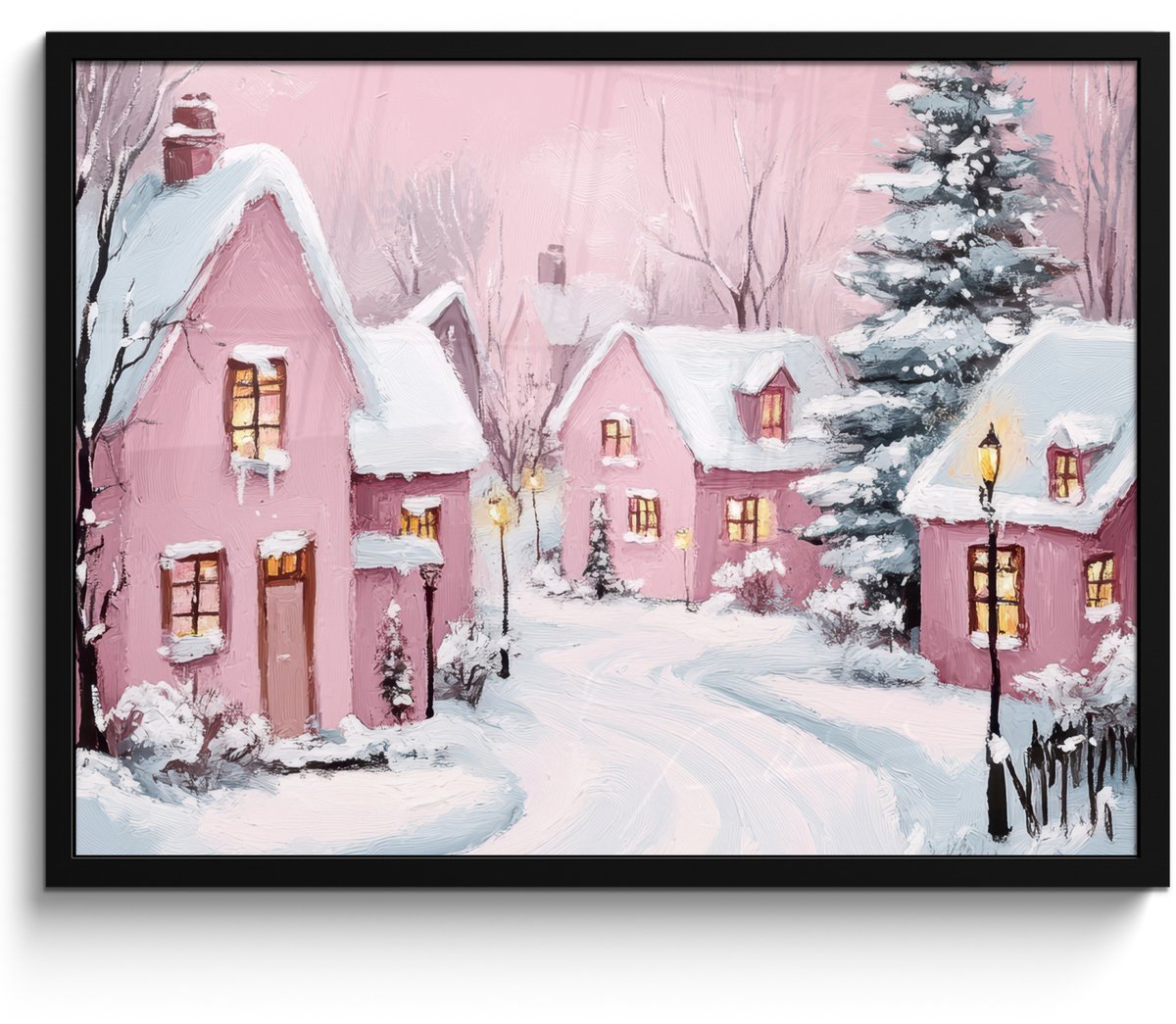 FrameYourWall Poster in lijst - Fotolijst 70x50 cm - Posters - Kerstdorp - Roze - Winter - Sneeuw - Huizen - Posterlijst zwart - Decoratie - Wanddecoratie woonkamer - Kerstdecoratie voor binnen - Kerstversiering - Kerstmis versiering in huis - Kerstaccessoires Dorp - Winter
