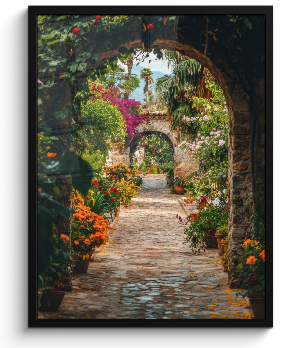 FrameYourWall Poster in lijst - Fotolijst 50x70 cm - Posters - Doorkijk - Bloemen - Poort - Stenen - Posterlijst zwart - Decoratie - Wanddecoratie woonkamer - Muurdecoratie slaapkamer Doorkijk - Bloementuin