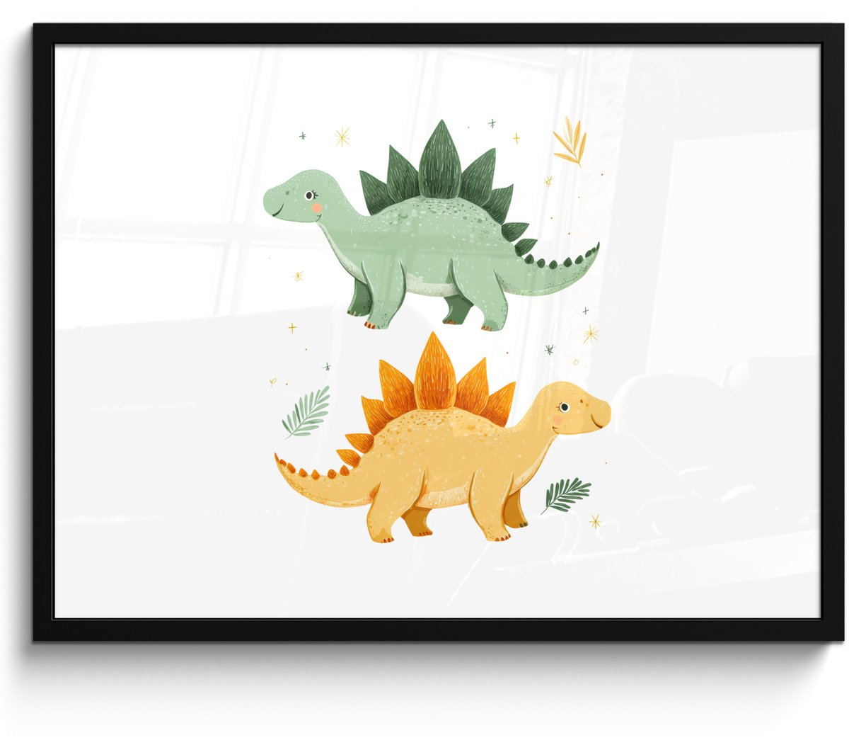 FrameYourWall Poster in lijst - Fotolijst 70x50 cm - Posters - Sterren - Stegosaurussen - Blaadjes - Groen - Posterlijst zwart - Decoratie - Wanddecoratie woonkamer - Muurdecoratie slaapkamer