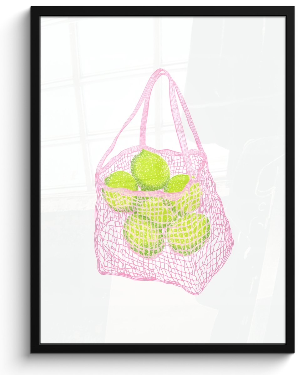 FrameYourWall Poster in lijst - Fotolijst 50x70 cm - Posters - Netzakje - Roze - Illustratie - Limoenen - Posterlijst zwart - Decoratie - Wanddecoratie woonkamer - Muurdecoratie slaapkamer Tas - Limoenen