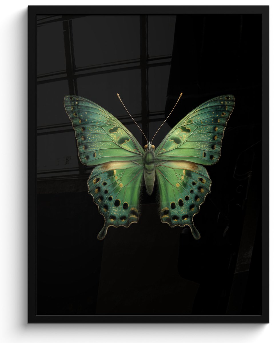 FrameYourWall Poster in lijst - Fotolijst 50x70 cm - Posters - Vlinder - Groen - Diepte - Posterlijst zwart - Decoratie - Wanddecoratie woonkamer - Muurdecoratie slaapkamer