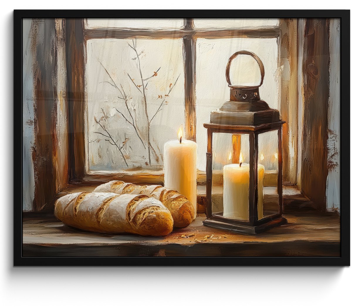 FrameYourWall Poster in lijst - Fotolijst 70x50 cm - Posters - Stilleven - Rustiek - Kaarsen - Broden - Raam - Posterlijst zwart - Decoratie - Wanddecoratie woonkamer - Muurdecoratie slaapkamer