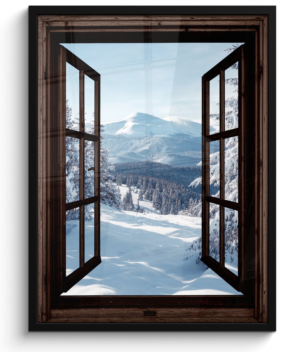 FrameYourWall Poster in lijst - Fotolijst 50x70 cm - Posters - Winter - Landschap - Natuur - Berg - Bomen - Doorkijk - Uitzicht - Posterlijst zwart - Decoratie - Wanddecoratie woonkamer - Muurdecoratie slaapkamer