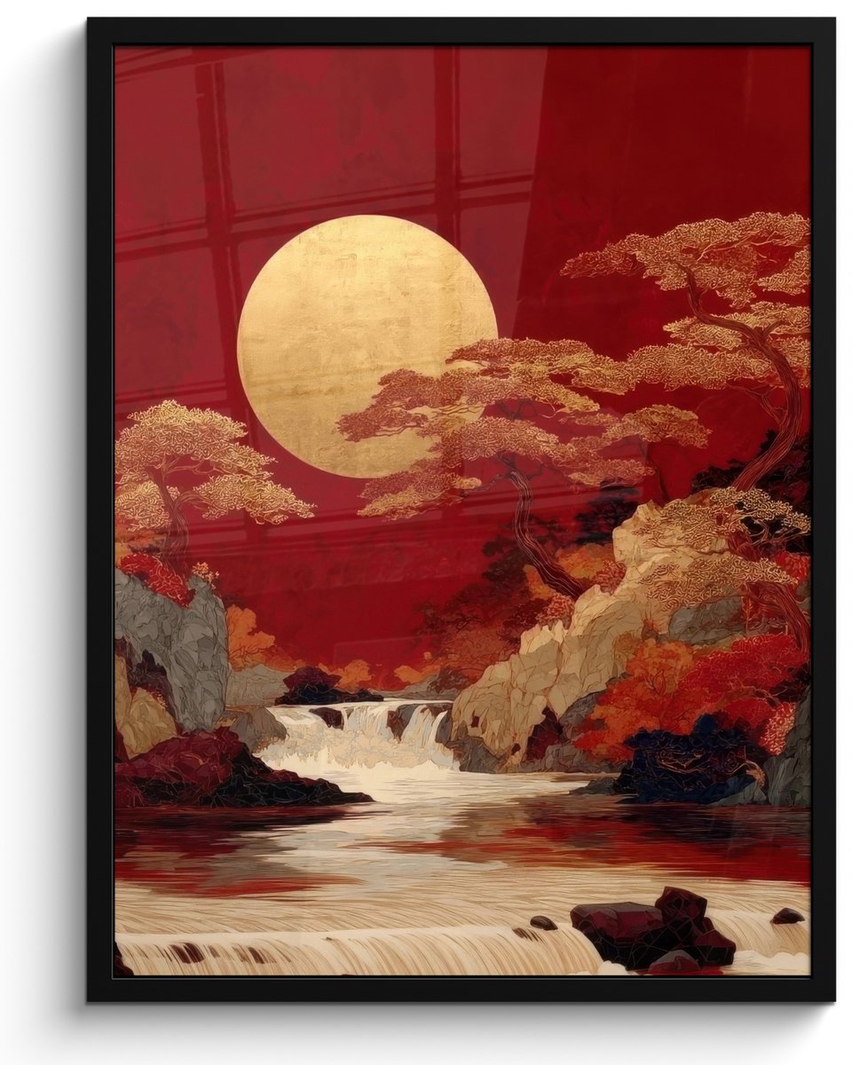 FrameYourWall Poster in lijst - Fotolijst 50x70 cm - Posters - Volle maan - Landschap - Waterval - Posterlijst zwart - Decoratie - Wanddecoratie woonkamer - Muurdecoratie slaapkamer