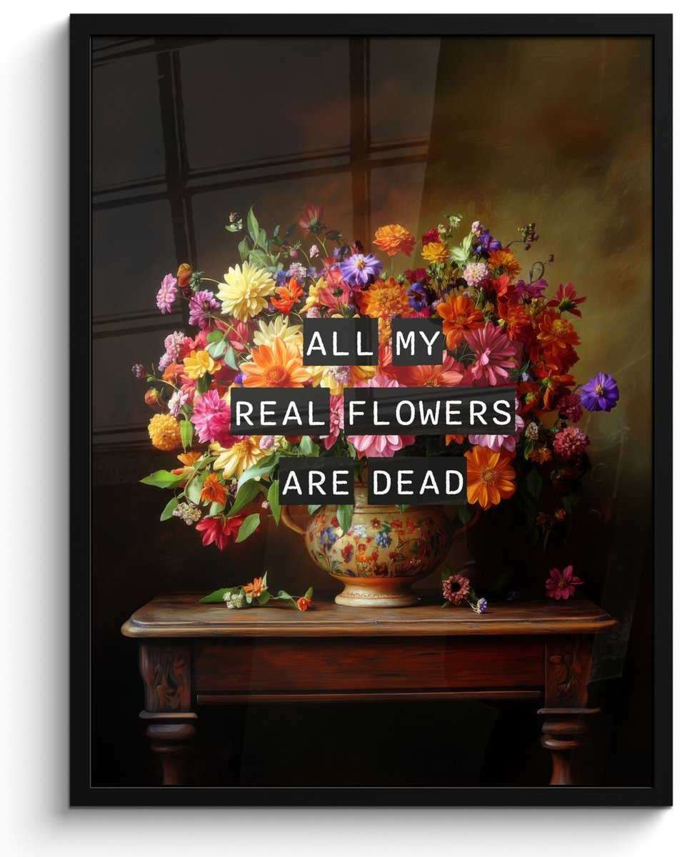 FrameYourWall Poster in lijst - Fotolijst 50x70 cm - Posters - Kleur - Bloemen - Vintage - Bloemenvaas - Posterlijst zwart - Decoratie - Wanddecoratie woonkamer - Muurdecoratie slaapkamer Bloemen - Kleurrijk - Quote
