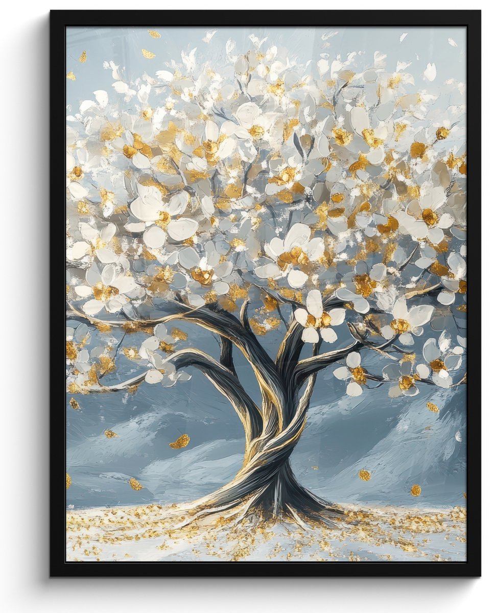 FrameYourWall Poster in lijst - Fotolijst 50x70 cm - Posters - Boom - Winter - Levensboom - Modern - Goud - Posterlijst zwart - Decoratie - Wanddecoratie woonkamer - Muurdecoratie slaapkamer