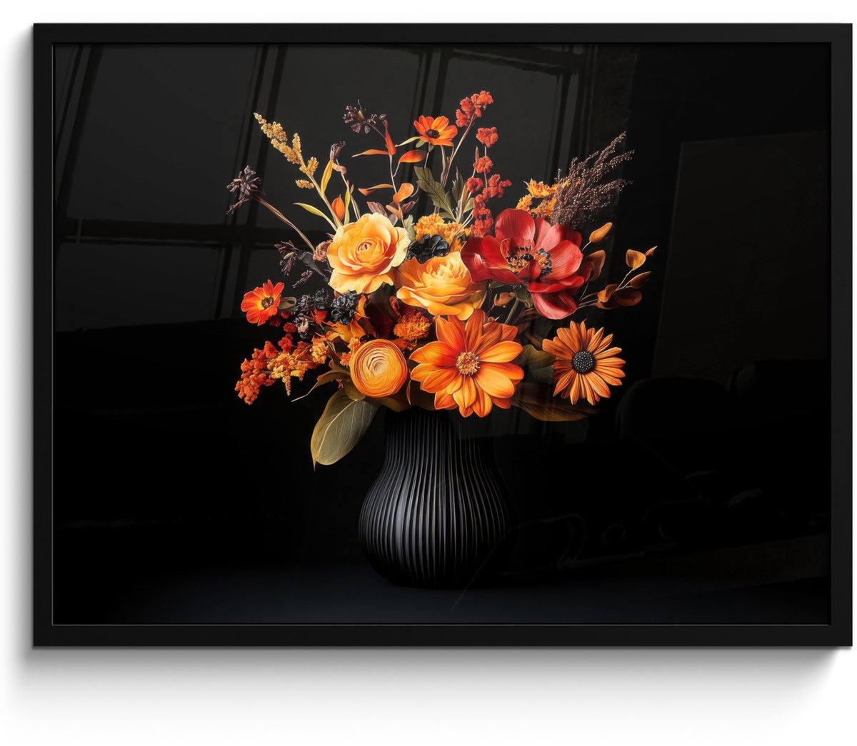 FrameYourWall Poster in lijst - Fotolijst 70x50 cm - Posters - Herfst - Boeket - Oranje - Posterlijst zwart - Decoratie - Wanddecoratie woonkamer - Muurdecoratie slaapkamer Boeket - Bloemen 1