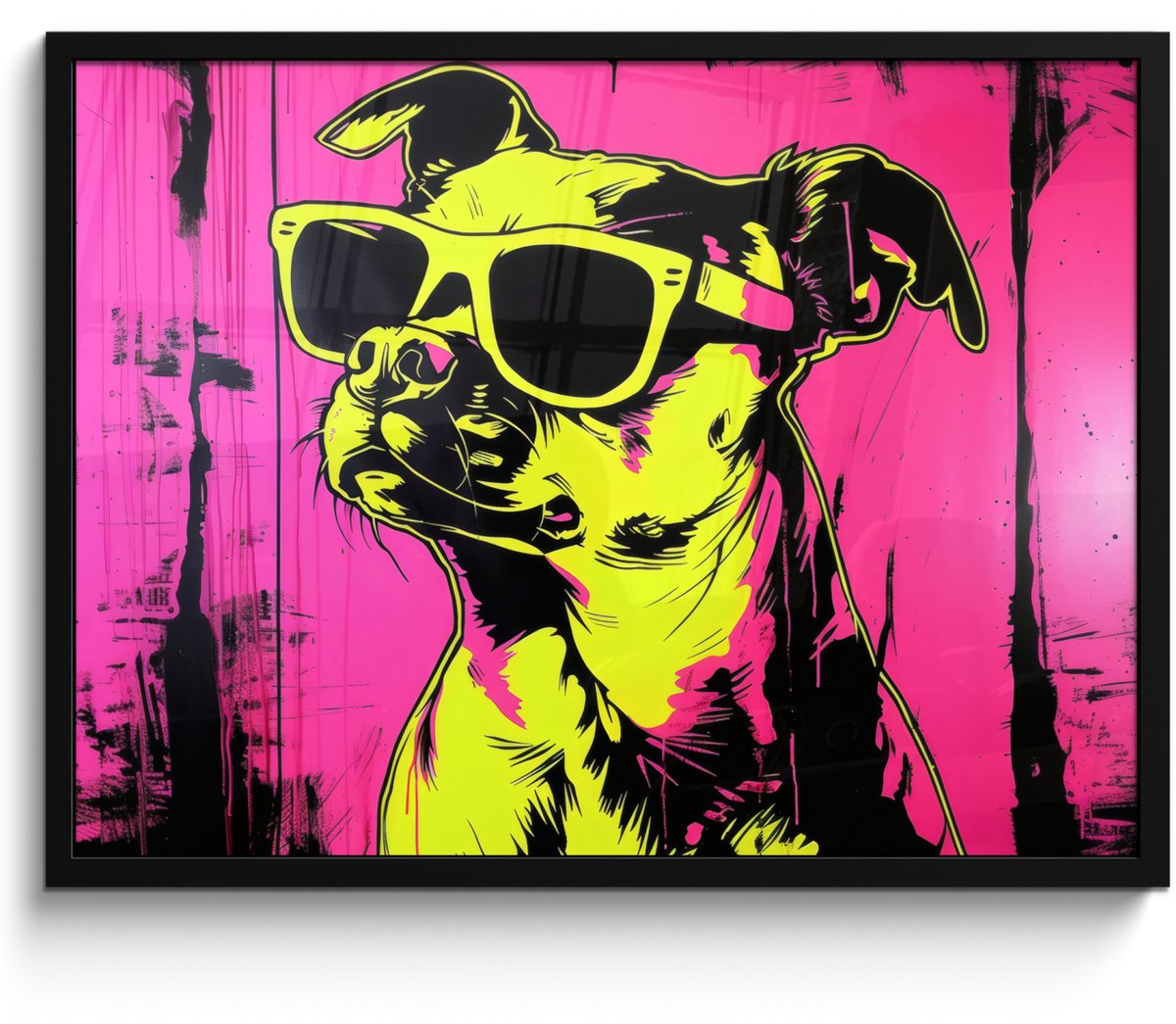 FrameYourWall Poster in lijst - Fotolijst 70x50 cm - Posters - Hond - Zonnebril - Roze - Art - Posterlijst zwart - Decoratie - Wanddecoratie woonkamer - Muurdecoratie slaapkamer