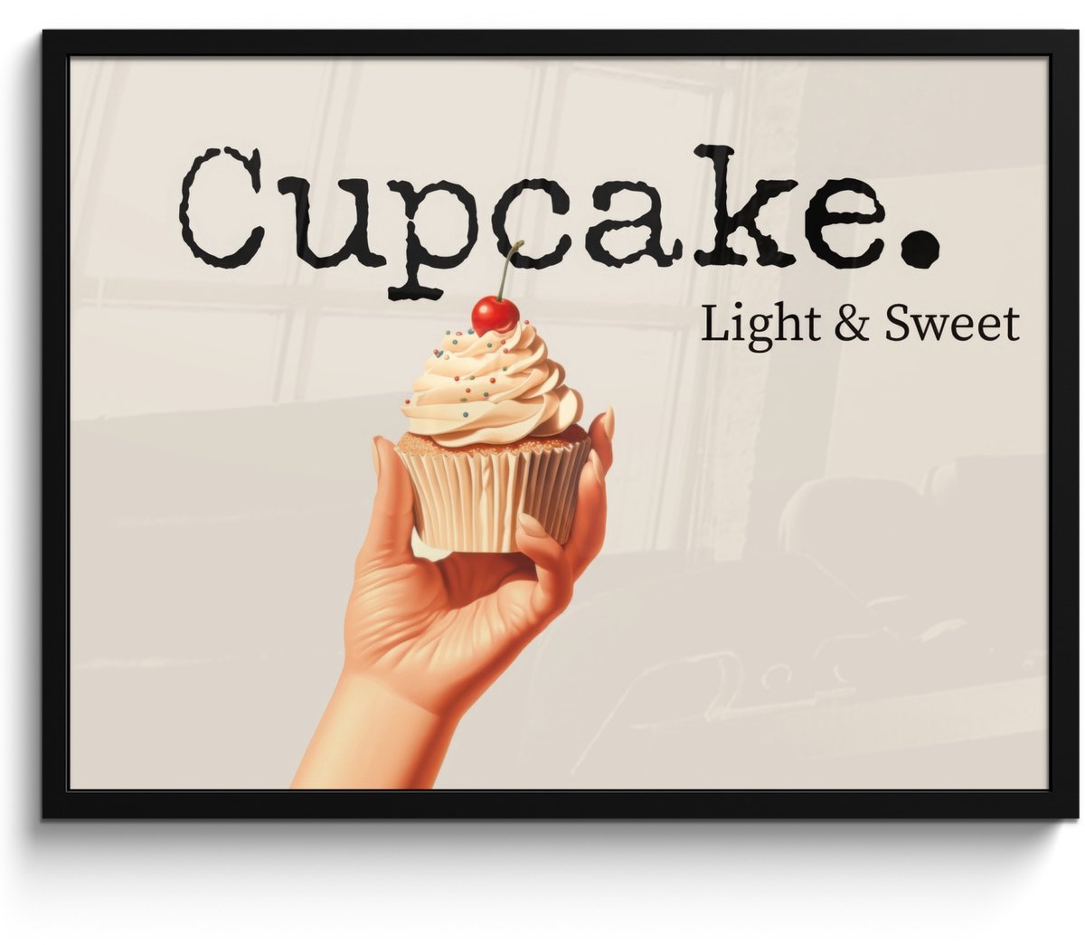 FrameYourWall Poster in lijst - Fotolijst 70x50 cm - Posters - Cupcake - Zoet - Kers - Posterlijst zwart - Decoratie - Wanddecoratie woonkamer - Muurdecoratie slaapkamer Cupcake - Tekst