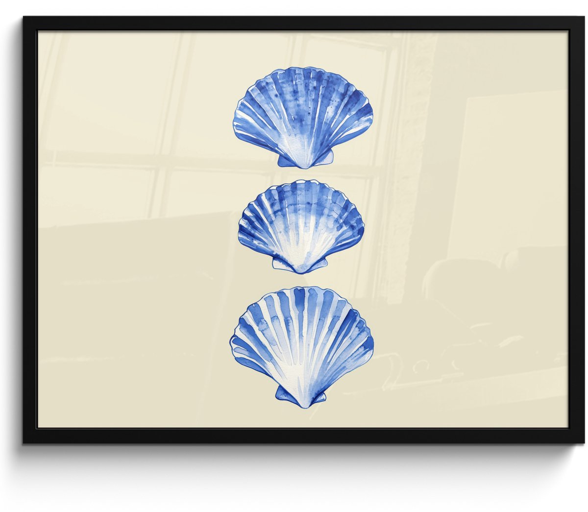FrameYourWall Poster in lijst - Fotolijst 70x50 cm - Posters - Schelpen - Blauw - Beige - Posterlijst zwart - Decoratie - Wanddecoratie woonkamer - Muurdecoratie slaapkamer