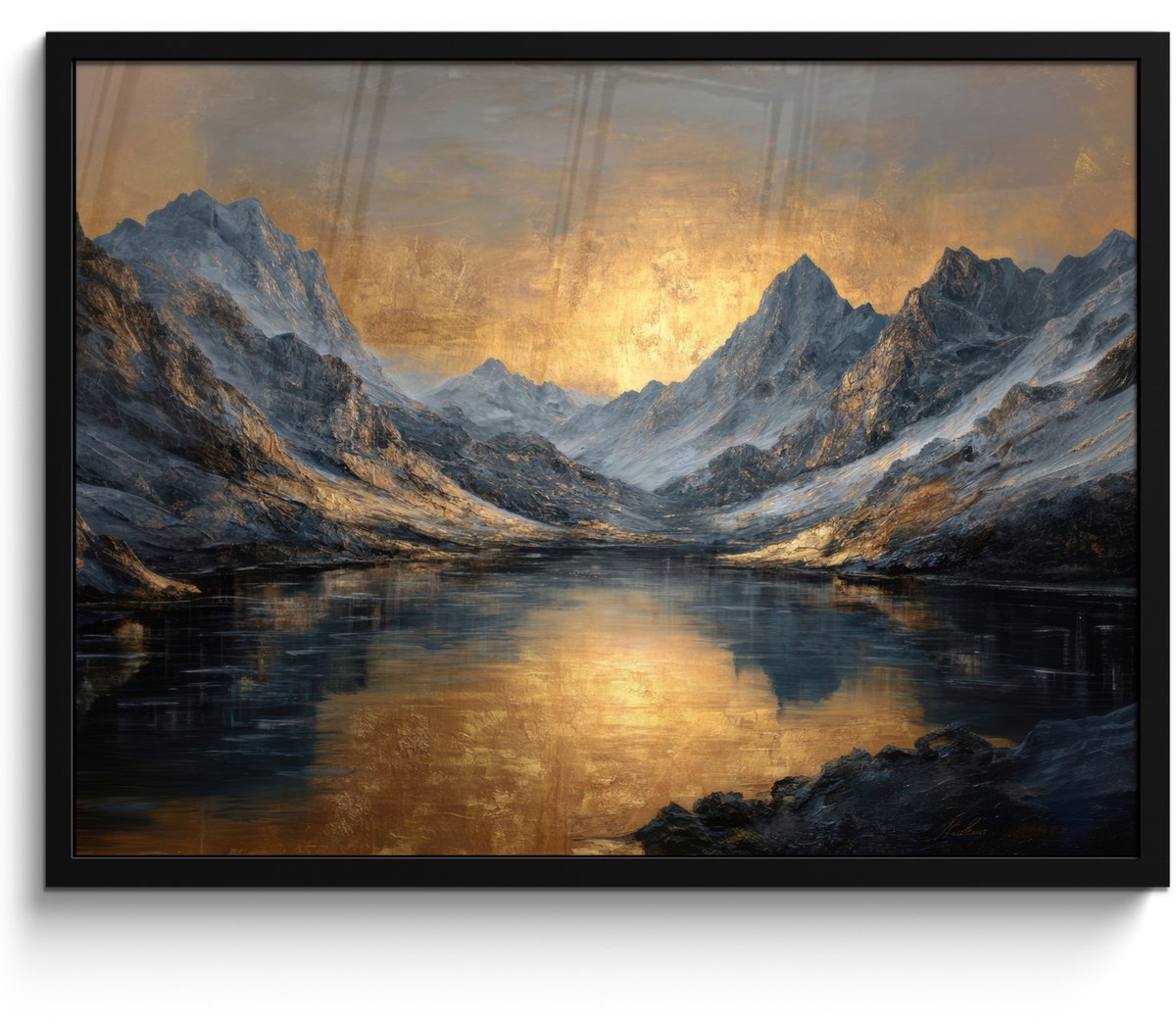 FrameYourWall Poster in lijst - Fotolijst 70x50 cm - Posters - Berglandschap met Gouden Zonsondergang - Posterlijst zwart - Decoratie - Wanddecoratie woonkamer - Muurdecoratie slaapkamer Bergen - Zonsondergang - Meer