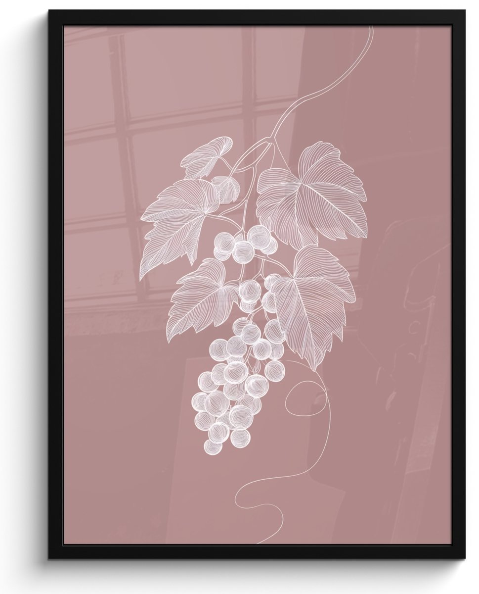 FrameYourWall Poster in lijst - Fotolijst 50x70 cm - Posters - Tros - Druiven - Illustratie - Bladeren - Posterlijst zwart - Decoratie - Wanddecoratie woonkamer - Muurdecoratie slaapkamer