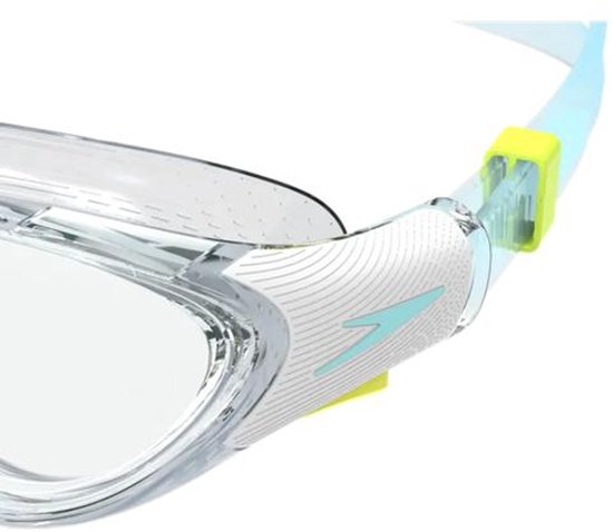 Zijaanzicht van de Speedo Biofuse 2.0 zwembril met een wit accent en logo.
