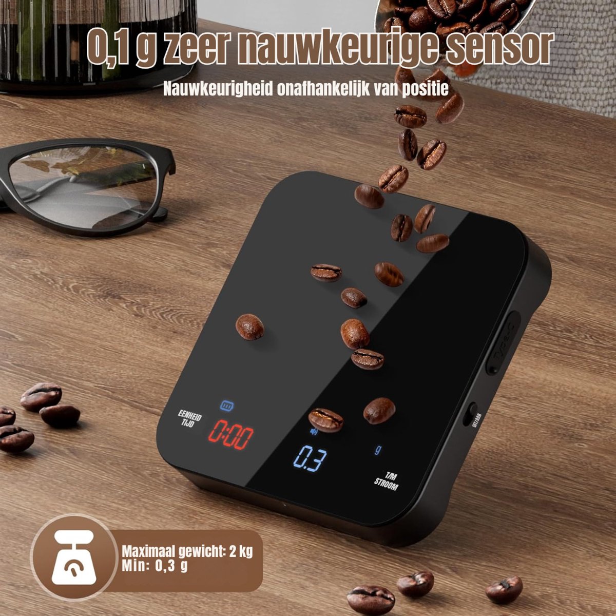 AMA® Koffie Weegschaal - Weegschaal - Scale - Max 2000 Gram - 18x17x7cm - Zwart