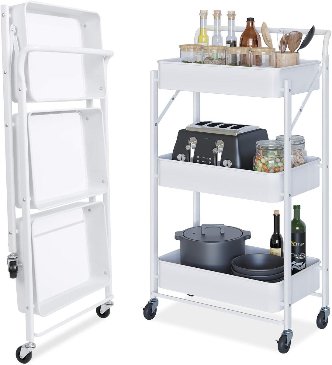 iBright Inklapbare Keukentrolley met wieltjes - Opbergrek 3-laags - Metalen serveerwagen 3 etages - 45x29x85 cm - Metaal - Wit