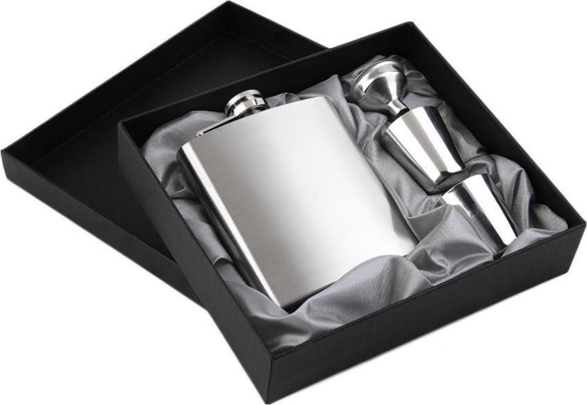 Okado RVS Heupfles Gift Set 210 ml Zilver – Zakflacon Met Trechter en 2 Bekertjes – Compacte Platvink Met Schroefdop en Veiligheidssluiting – Voor Reizen en Outdoor