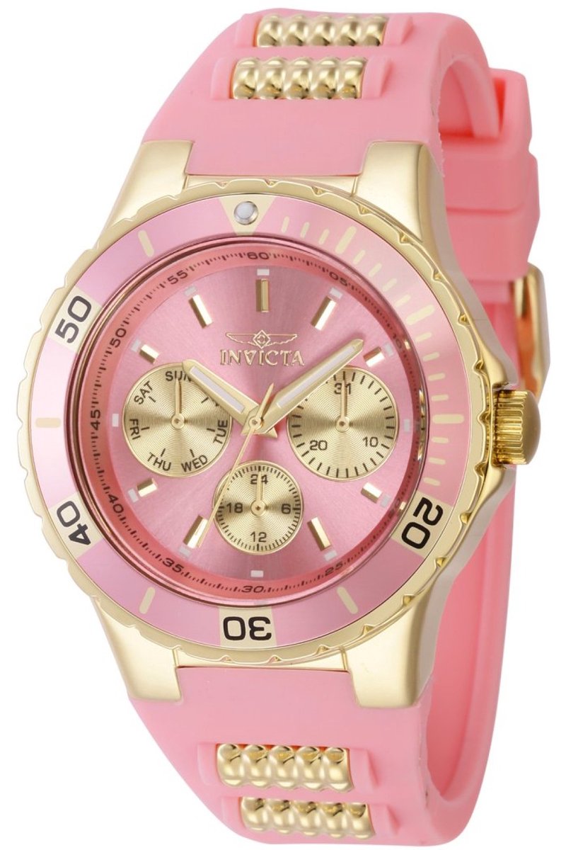 Invicta Aviator 39409 Dames Horloge - Waterdicht - Analoog - Quartz Uurwerk - Roestvrij Staal met roze Wijzerplaat - 38mm