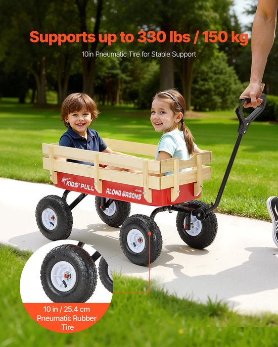 VEVOR Kinderhandkar, 102 CM, Transportkar met Duwstang, Gemaakt van Hout en Metaal, Max. 150 Kg Draagvermogen, Ideaal voor Kinderen Vanaf 5 Jaar, voor In De Tuin, Uitstapjes en op Het Strand, Rood en Zwart van Vevor — afbeelding 4