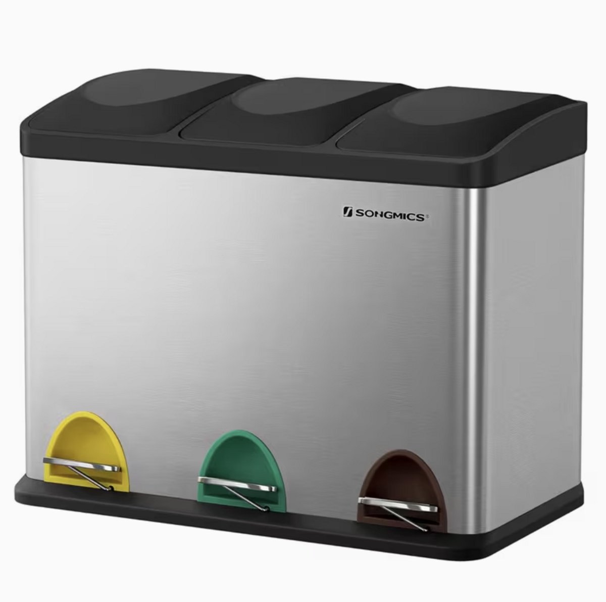 Prullenbak met 3 Compartimenten 45L – Pedaalemmer 3 x 15 Liter – Afvalscheiding met Deksel – RVS Afvalbak voor Keuken