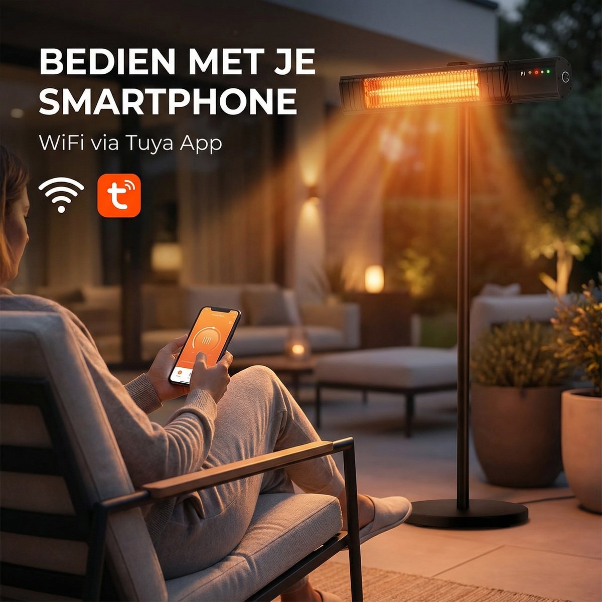 Komodo Fumi Infrarood Terrasverwarmer met Standaard – 2500W – IP65 Waterdicht – 10 Warmtestanden – WiFi via Tuya App – Afstandsbediening – Zwart – foto 4