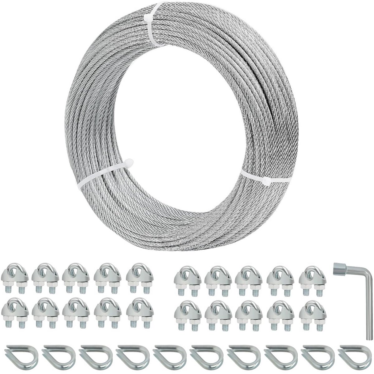 Gegalvaniseerde Staalkabel 1/8" met Klem en Oogbeschermer voor Schutting en Tuin