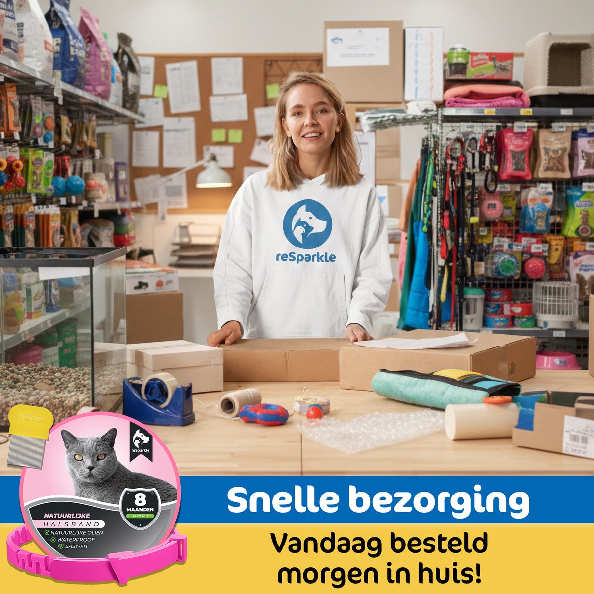 reSparkle Halsband Kat - Natuurlijk - Inclusief Vlooienkam - Roze – foto 7