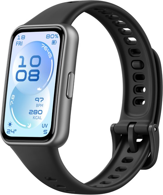 Zwarte Huawei smartwatch met een helder, rechthoekig scherm dat 10:08, 18 FRI, 80% batterij, 97 BPM, 280 KCAL, 24°C en UV S toont.
