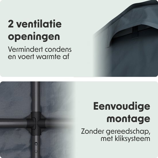 Grijze tuinschuur met 2 ventilatieopeningen bovenin en eenvoudig montagesysteem.