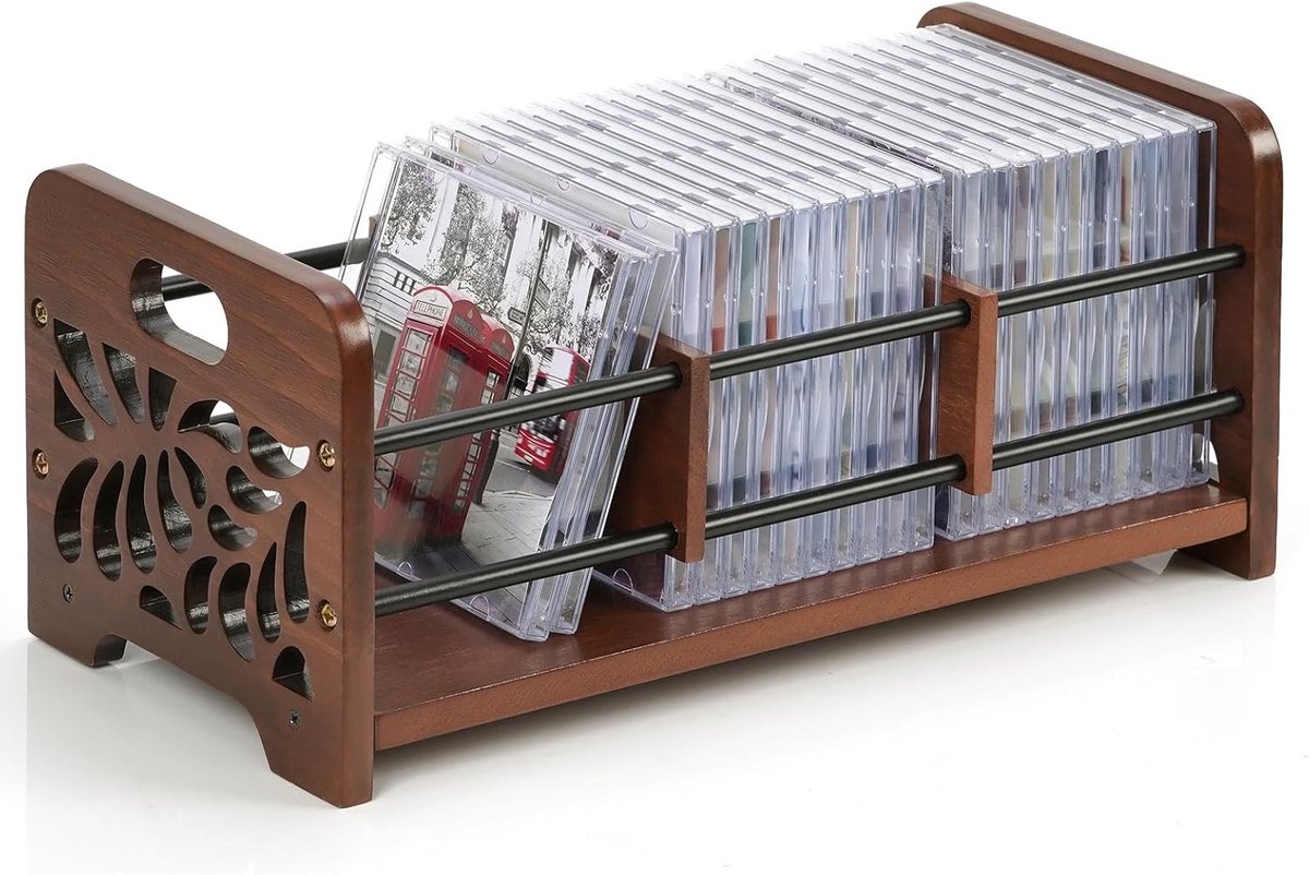 Houten CD Opberger - DVD Houder Tijdschriften - Media Collectie Ordenen - Met Handgrepen Verstelbare Wand - 41x20x70cm - Rustiek Natuurlijk