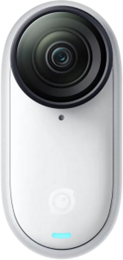 Witte Insta360 GO 3S actiecamera met een lens en een blauw lampje aan de onderkant.