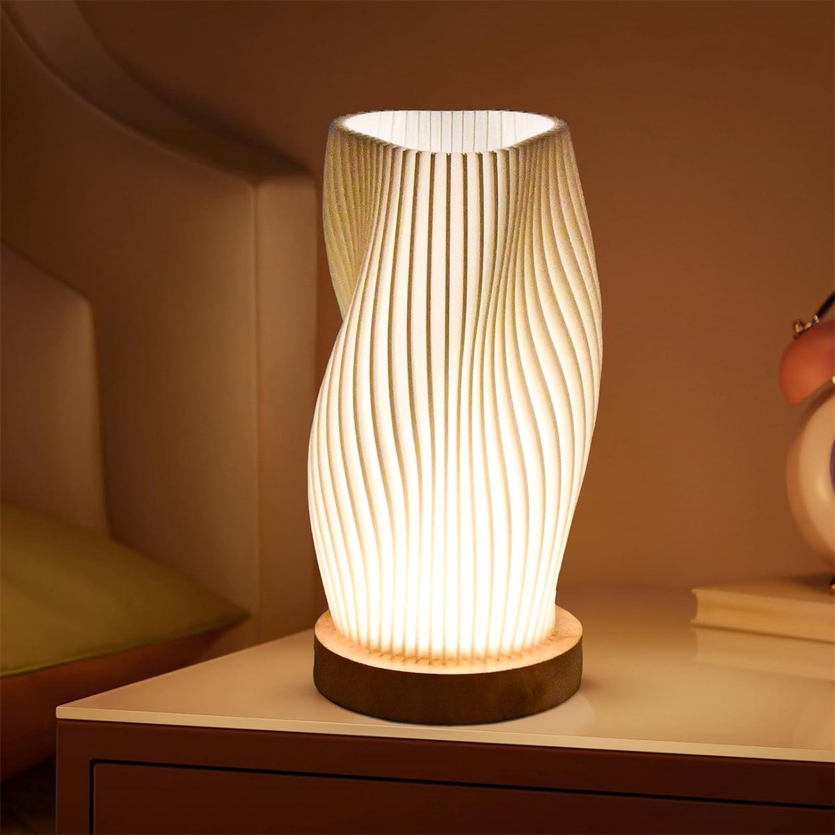 QTTVBTNA -Nachtlamp - LED Nachtlicht - USB-oplaadbare tafellamp - 3D-geprinte dimbare nachtlamp met houten voet, geschikt voor nachtkastjes in de slaapkamer, bruiloften, feesten, evenementen op het terras, binnen- en buitenlocaties - 11*20.5cm