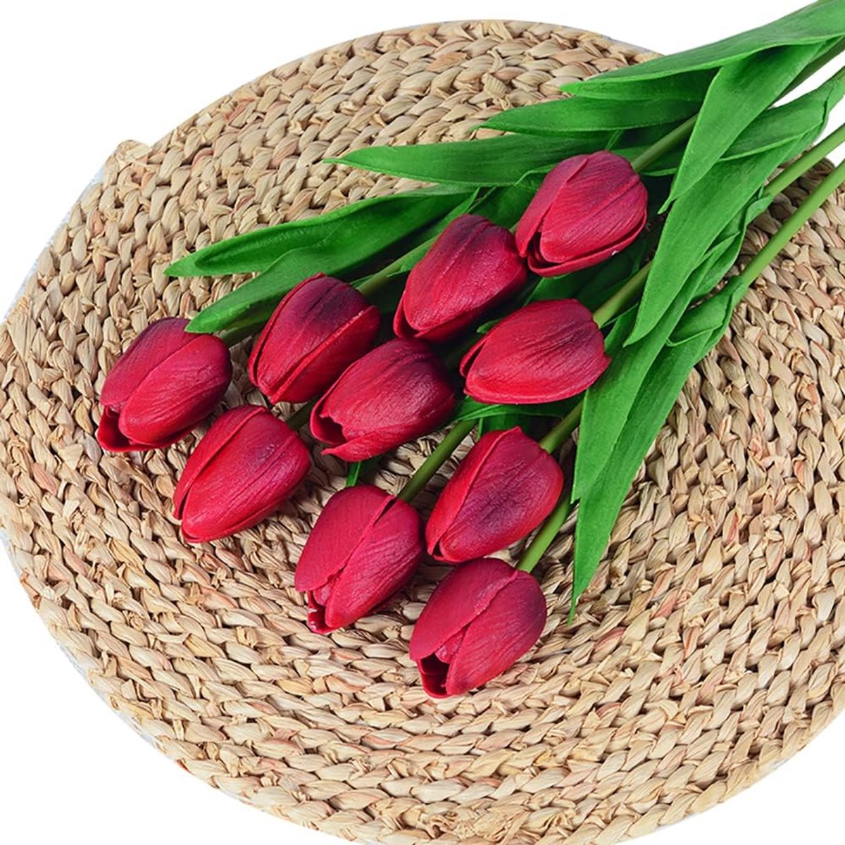 Nep Tulpen - Kunstbloemen - Woondecoratie - Real Touch Materiaal - 34cm Hoog - Wijnrood