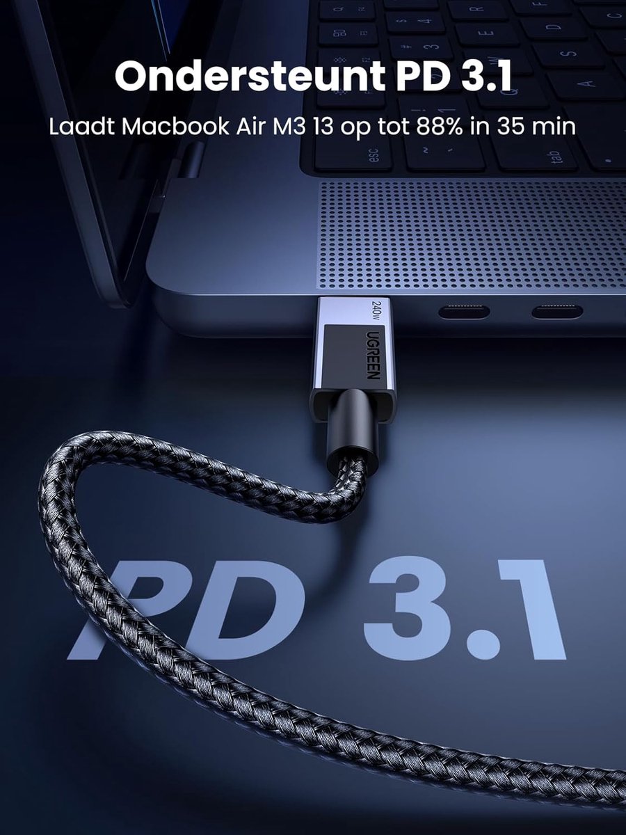 240W USB C naar USB C kabel PD 3.1 snel opladen 1m voor MacBook M3, iPhone 15, iPad 2024, Galaxy S24, Pixel 8 - Afbeelding 3