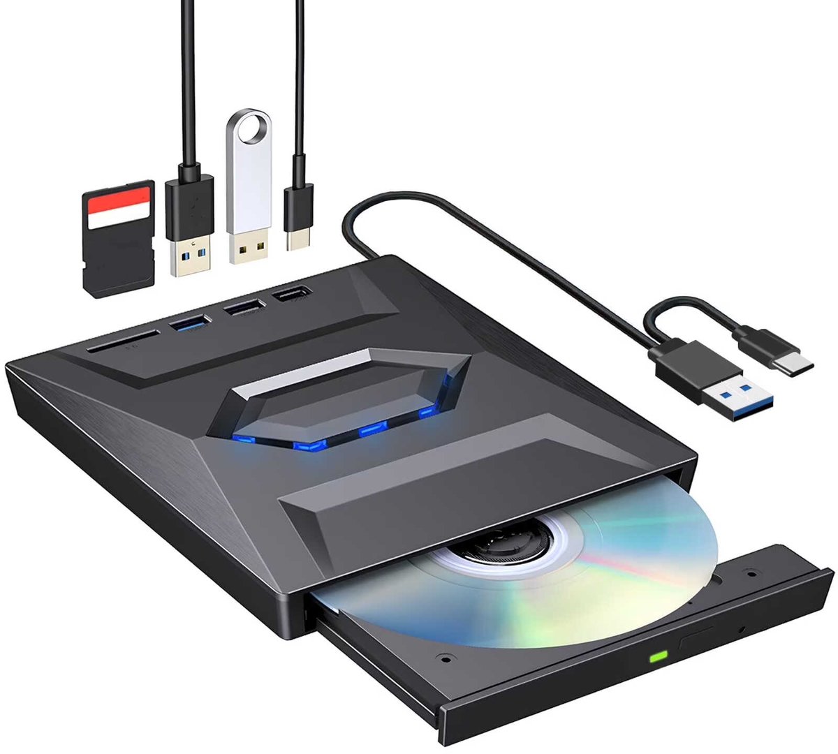 Externe cd-rombrander/speler met USB 3.0- en USB-C-poorten, voorzien van een USB-hub en SD-kaartlezer; draagbaar.