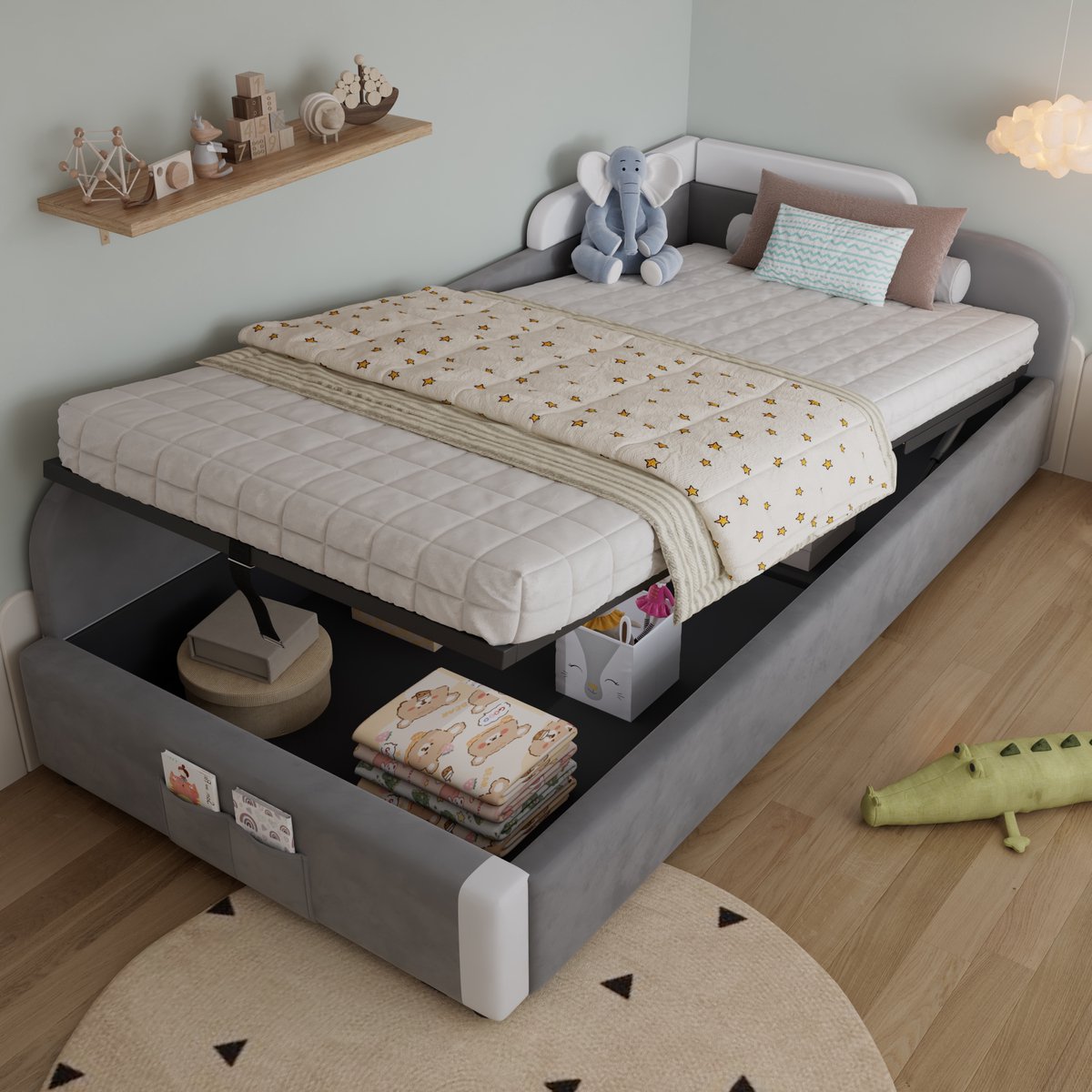 REDOM Kinderbed – Gestoffeerd met opbergruimte & zachte rand – Hydraulisch – Fluweel – Grijs – 90x200 cm Wit+grijs