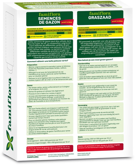 Verpakking Famiflora graszaad met uitleg over zaaien, de ideale periode, en hoe het gazon te onderhouden. Nederlandse en Franse tekst.