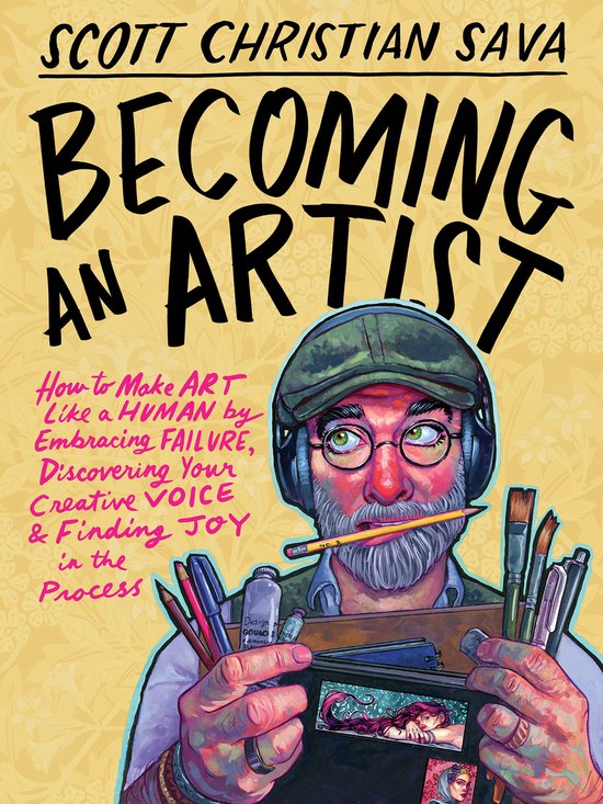 Boek 'BECOMING AN ARTIST' met een illustratie van een man met koptelefoon, bril en een pet, die kunstbenodigdheden vasthoudt.