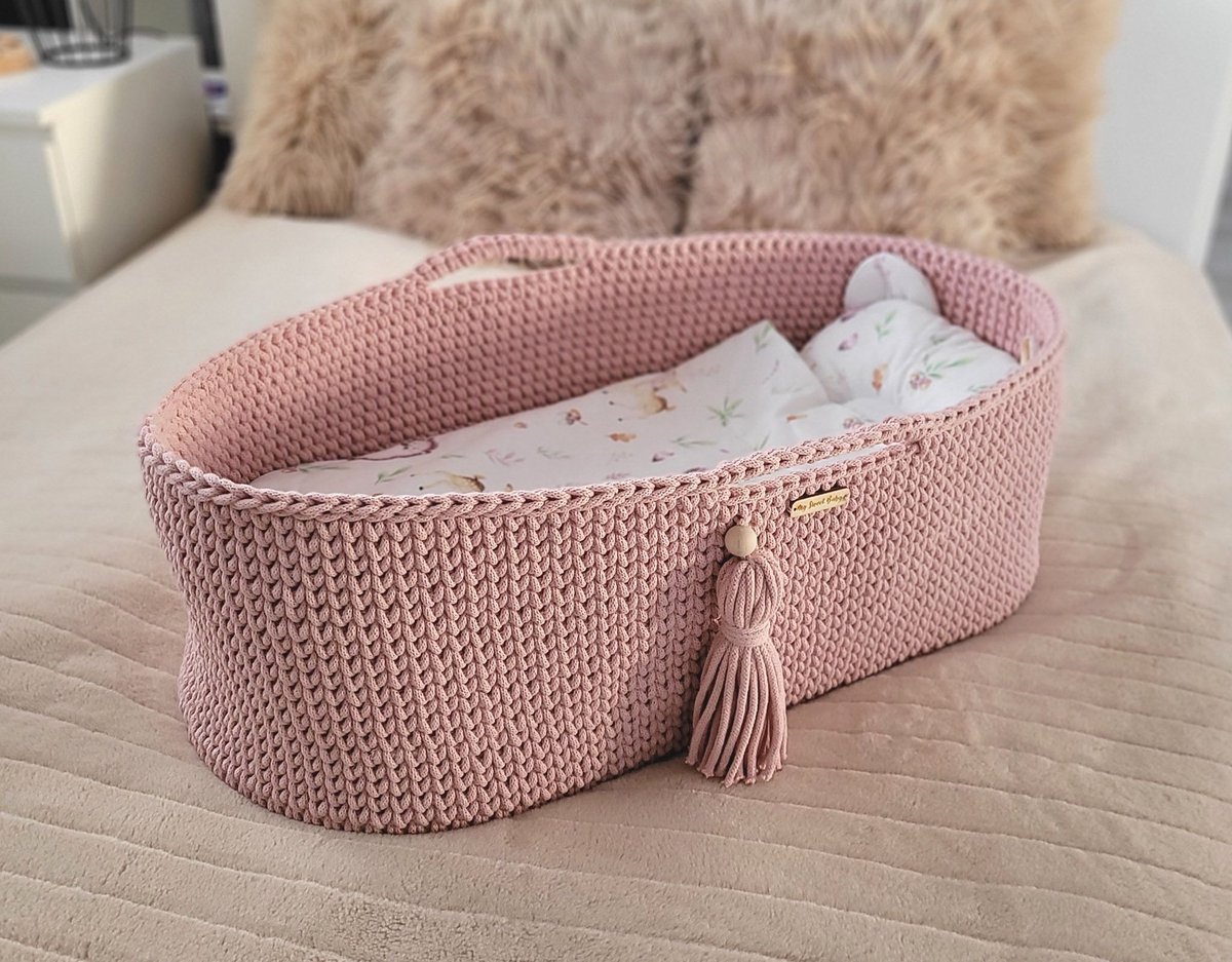 Mozesmand BOHO Handgemaakt katoen met matras - pastelroze