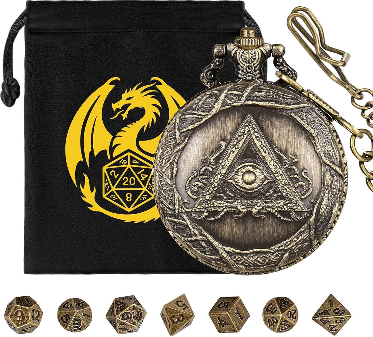 Mini Dobbelstenen Set - RPG Accessoires - Tafelspel Avontuur - Uniek Zakhorloge Etui - 7 Delig Metaal - Brons