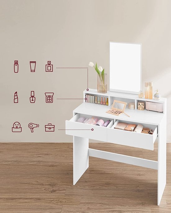 Make Up Tafel met Spiegel - Kaptafel met 2 Laden - Wit
