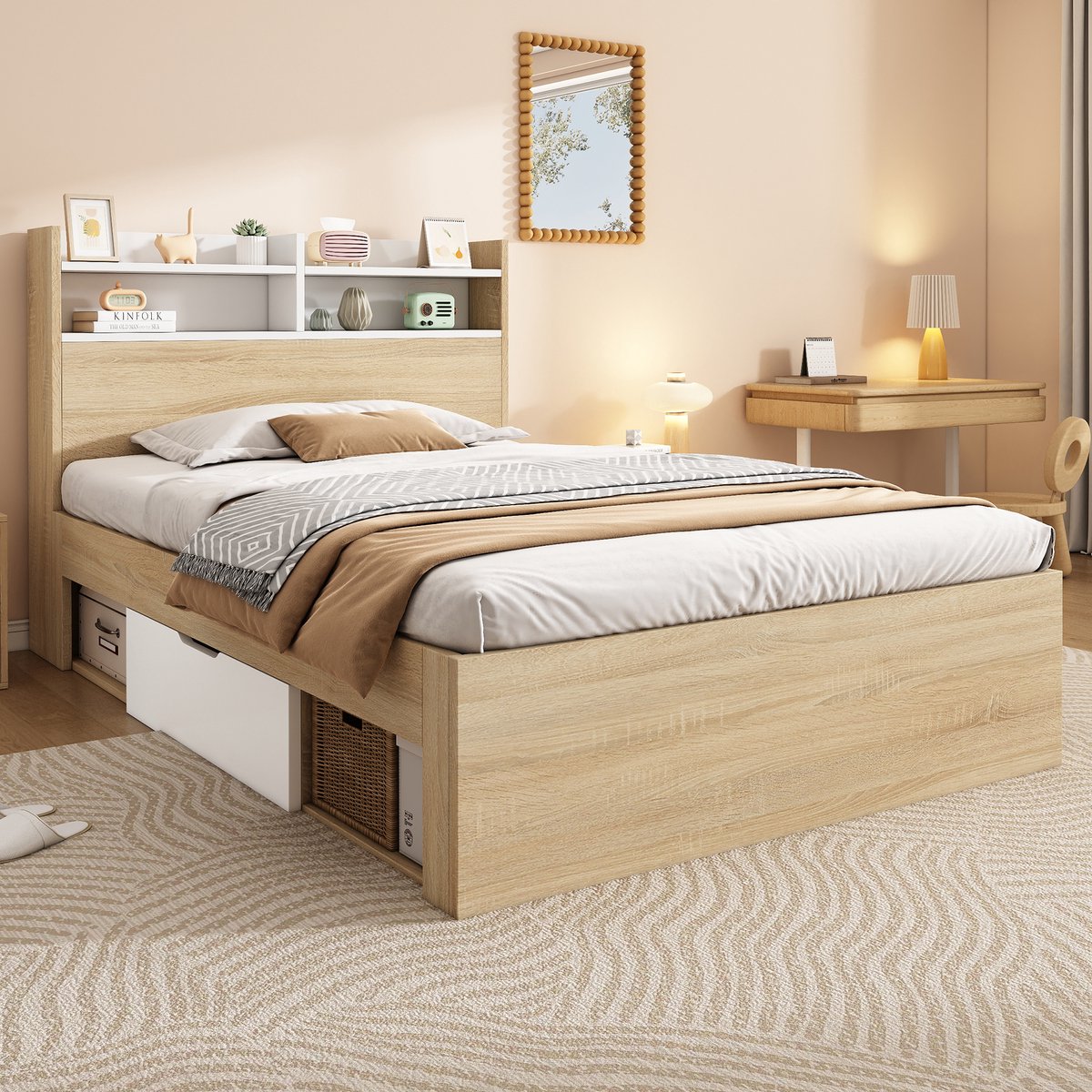Wishdor Eenpersoonsbed 90x190 cm - Hoofdbord met opbergvakken & 2 laden - Hout - Wit en Eiken - Opgeruimde kinderkamer Eiken+Wit