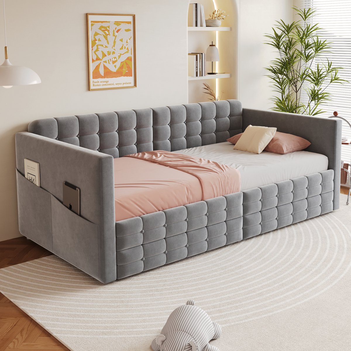 Wishdor Gestoffeerd bedbank 90x190 cm - Hoofdbord met knopen & ruitpatroon - 2 lades & zijvakken - Fluweel - Grijs - Tijdloze elegantie met opbergruimte